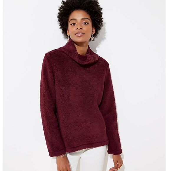 NWT LOFT Burgundy/Wine Fleece Cowl Neck Soft Knit Top - Picture 2 of 9